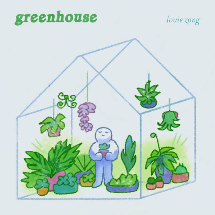 Calm, smiling cartoon person in a cheerful little greenhouse